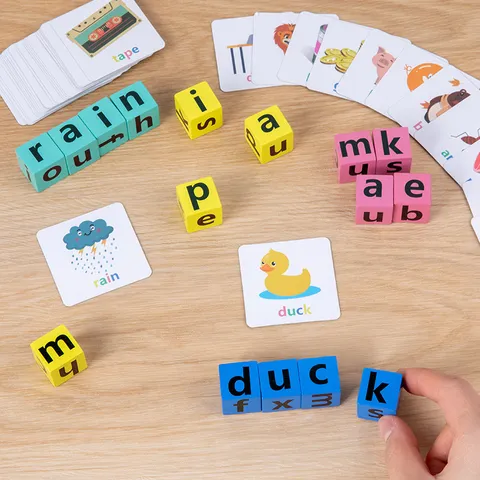 Kids Wooden Spelling Word Game CVC Phonics Educational Toy Rotating Alphabet Blocks Vowel Cognitive Montessori Learning Toy