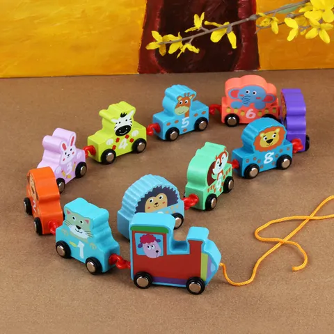 Giocattolo del Trenino da Trainare in Legno Educazione Infantile Animale Veicolo Numero Cognitivo Regalo per Bambini
