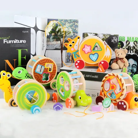 Wooden Cartoon Animal Pull Along Toy Toddler Educational Toy With Shape Sorting Blocks And Pull String For Kids