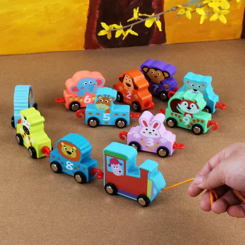 Giocattolo del Trenino da Trainare in Legno Educazione Infantile Animale Veicolo Numero Cognitivo Regalo per Bambini