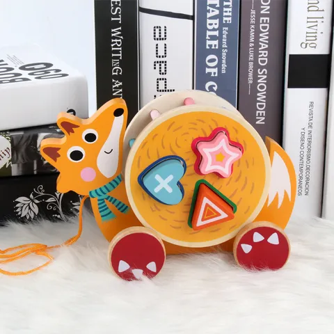 Wooden Cartoon Animal Pull Along Toy Toddler Educational Toy With Shape Sorting Blocks And Pull String For Kids