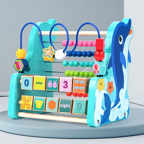 Kids Wooden Dolphin Abacus Bead Counting Frame Educational Early Learning Toy Shape Number Cognition Toy