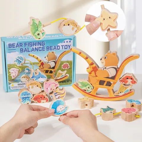 Wooden Bear Fishing Balance Stacking Blocks Educational Toy Kids Hand Eye Coordination Training Early Learning Game
