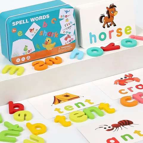 Kids Educational English Word Spelling Card Game Wooden Alphabet Learning Toys Portable Tin Box Puzzle Set For Toddlers