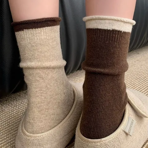 Calcetines Slouch de Mezcla de Lana y Algodón Gruesos y Cálidos para Mujer Estilo Japonés Vuelta Enrollada Pantorrilla