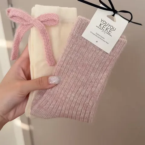 Calcetines Slouch de Mezcla de Lana Cálidos de Invierno para Mujer Lindo Lazo Bordado de Corazón Tubo Medio Estilo INS Coreano Moda Casual