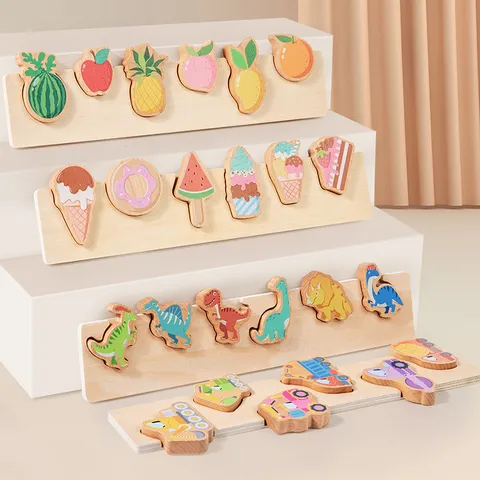Puzle Educativo de Madera Montessori Juguete Cognitivo Fruta Postre Coche Dinosaurio Tablero de Emparejamiento Juguete de Aprendizaje Temprano