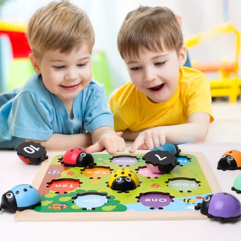 Wooden Montessori Educational Math Toy Number Ladybug Puzzle Board Shape Color Cognition Learning Toy