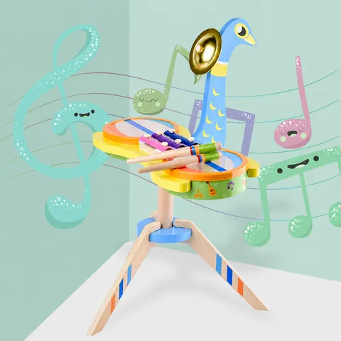 Wooden Peacock Drum Set Children Educational Musical Toy Percussion Xylophone Early Learning Gift For Kids