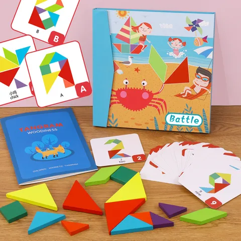 Kids Wooden Magnetic Tangram Puzzle Board Double Player Battle Educational Learning Toy Kids Brain Teaser Toy Gift