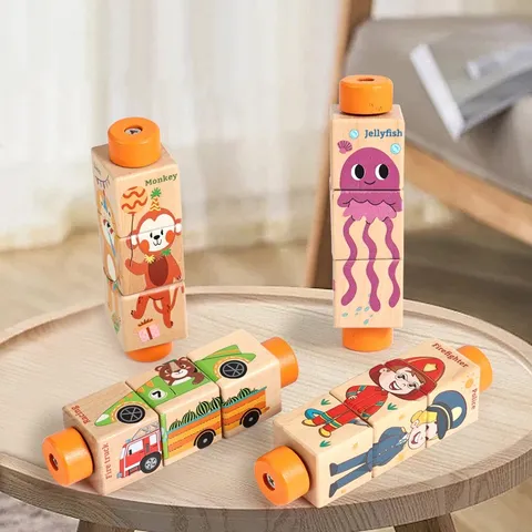 Bloques de Rompecabezas Rotativos de Madera Animales de Dibujos Animados Tráfico Juguete Educativo Aprendizaje Temprano Juguete de Agarre Regalo para Niños