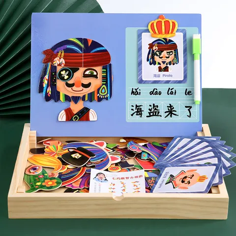 Kids Educational Wooden Magnetic Puzzle Dress Up Toy Cartoon Character Face Matching Game Kids Learning Toys Gift