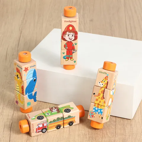 Bloques de Rompecabezas Rotativos de Madera Animales de Dibujos Animados Tráfico Juguete Educativo Aprendizaje Temprano Juguete de Agarre Regalo para Niños