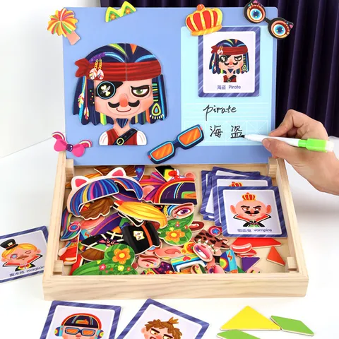 Kids Educational Wooden Magnetic Puzzle Dress Up Toy Cartoon Character Face Matching Game Kids Learning Toys Gift