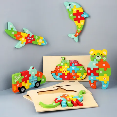 Blocs de Puzzle 3D en Bois pour Enfants Animal de Dessin Animé Véhicule Éducatif Apprentissage Précoce Jouet d'Assemblage pour Tout-Petits