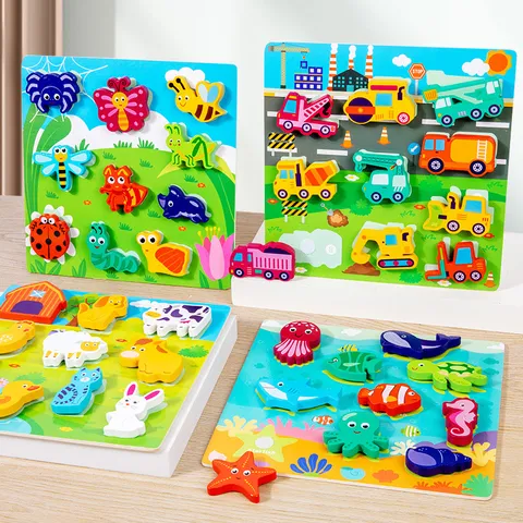 Enfants Bois 3D Velcro Puzzle Tableau Éducatif Apprentissage Précoce Animal Trafic Correspondant Jouet Montessori Puzzle