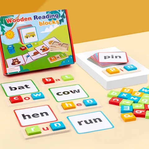 Kids CVC Phonics Reading Blocks Wooden Spelling Word Game Montessori Educational Toy Alphabet Cognitive Learning Blocks