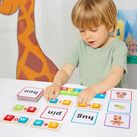Kids CVC Phonics Reading Blocks Wooden Spelling Word Game Montessori Educational Toy Alphabet Cognitive Learning Blocks