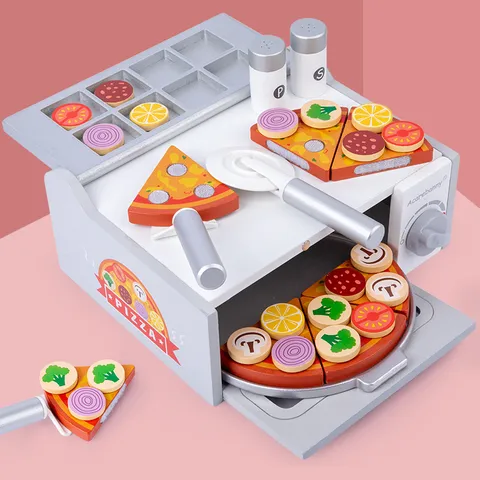 Wooden Pretend Play Pizza Oven Kitchen Toy Educational Montessori Interactive Toy Food Cutting Set Gift For Kids