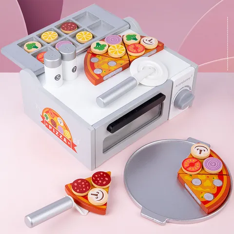 Wooden Pretend Play Pizza Oven Kitchen Toy Educational Montessori Interactive Toy Food Cutting Set Gift For Kids