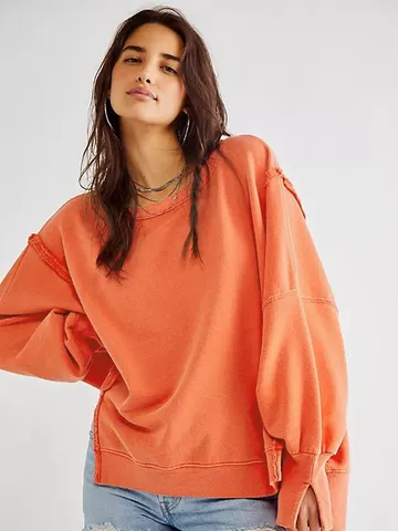 Felpa Casual Larga Tinta Unita Collo Rotondo Manica Lunga con Orlo Spaccato da Donna