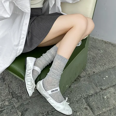 Calcetines Slouch Rayados de Algodón Peinado Fino de Verano para Mujer Calcetines de Media Caña Casual Transpirables Estilo Ballet