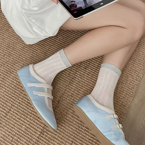 Calcetines de Media Pantorrilla de Algodón para Mujer Transpirable Absorbente Malla Acanalado Bloque de Color Casual Versátil