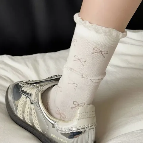 Calcetines Slouch de Lazo de Pura Algodón para Mujer Dulce Estilo Ballet Media Caña Transpirable Casual Moda