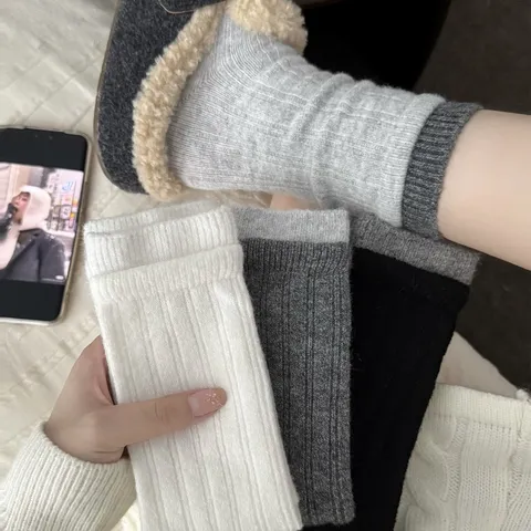 Thickened Double Rib Wool Socks Women Winter Warm Cashmere Slouch Socks Contrast Color Casual Long Tube Warm Socks