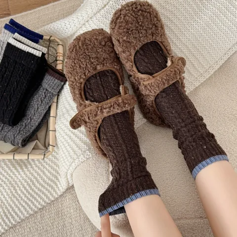 Women's Wool Slouch Socks Autumn Winter Thickened Warm Mid Tube Socks Nep Yarn Casual Solid Color Hosiery
