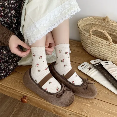 Calcetines Slouch Lindo para Mujer Lazo Dulce Floral Algodón Media Caña Estilo Pastoral Vintage Transpirable Cómodo Uso Diario