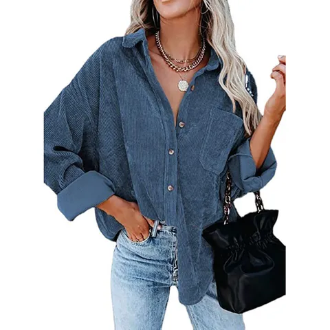 Donna Casual Velluto a Coste Manica Lunga Camicia Risvolto Monopetto Loose Fit Retro Giacca Camicetta Top Streetwear
