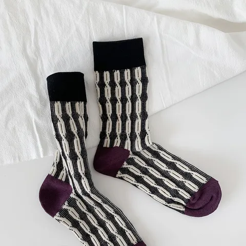 Calcetines de Tubo Medio de Algodón para Mujer Trenza de Color Contrastado Relieve 3D Estilo Retro Mori Casual Diario Otoño Invierno