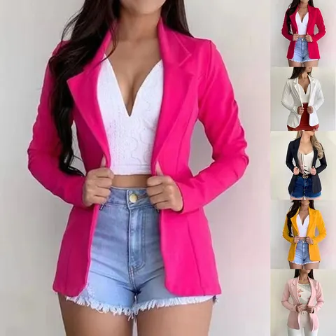 Blazer Slim Casual a Manica Lunga da Donna Revers Un Bottone Tinta Unita Giacca da Abito Streetwear