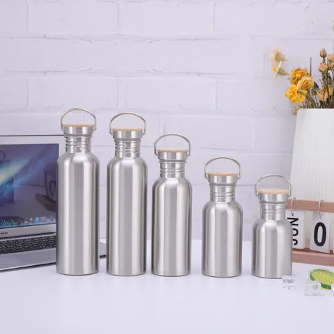 Stainless Steel Sports Water Bottle With Natural Bamboo Lid Single Layer Wide Mouth Metal Outdoor Hydration Flask