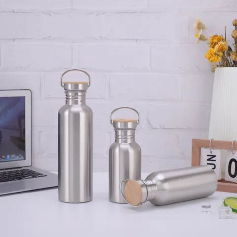 Stainless Steel Sports Water Bottle With Natural Bamboo Lid Single Layer Wide Mouth Metal Outdoor Hydration Flask