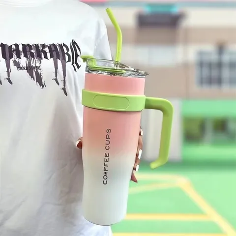 Large Capacity Stainless Steel Tumbler With Handle And Straw Insulated Travel Water Cup For Car Office Women