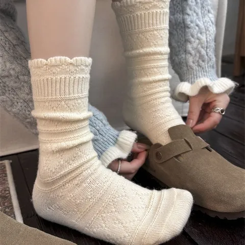 Calcetines de Media Pantorrilla de Lana Calados Vintage Japoneses Espesados Mujer Calcetines Slouch Cálidos de Invierno Para Botas Diario