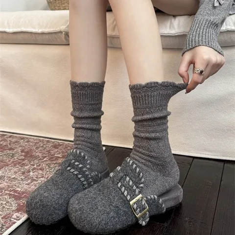 Calcetines de Media Pantorrilla de Lana Calados Vintage Japoneses Espesados Mujer Calcetines Slouch Cálidos de Invierno Para Botas Diario