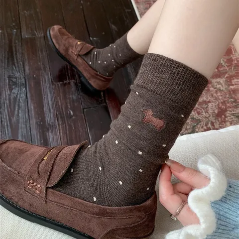 Mujeres Lindo Dachshund Bordado Topos Calcetines Media Pantorrilla Espesados Cálidos Mezcla Lana Invierno Calcetines Casuales