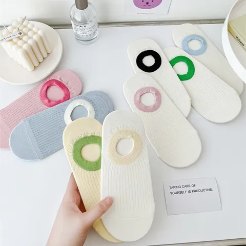 Calcetines Tobilleros de Verano Delgados de Bloque de Color de Algodón para Mujer Invisibles Antideslizantes Transpirables
