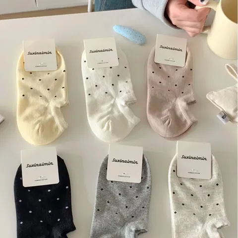Women's Summer Shallow Mouth Boat Socks Japanese Style Polka Dot Non-Slip Invisible Short Socks Cotton Fashion Hosiery
