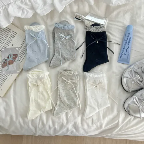 Calcetines de Algodón Mesh Perla Lazo Estilo Ballet Dulce para Mujer Casual Transpirable Color Sólido Media Caña