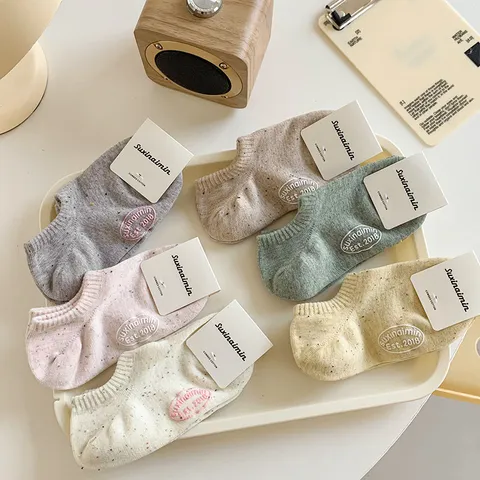 Calcetines Invisibles de Corte Bajo para Mujer Mezcla de Algodón Silicona Antideslizante Calcetines Casuales de Color Sólido con Detalle Bordado