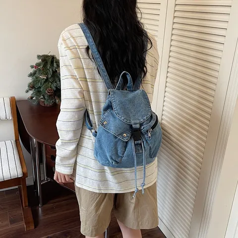 Casual Denim Backpack For Women Large Capacity Washed Denim School Bookbag Flap Solid Color Shoulder Bag Girls Student Travel Rucksack