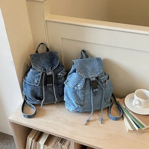 Casual Denim Backpack For Women Large Capacity Washed Denim School Bookbag Flap Solid Color Shoulder Bag Girls Student Travel Rucksack
