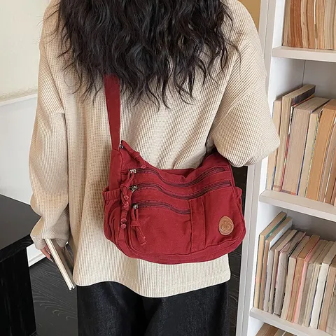 Damen Casual Segeltuch Umhängetasche Große Kapazität Schultertasche Multi Reißverschluss Knödeltasche Einfarbig Pendler Kuriertasche