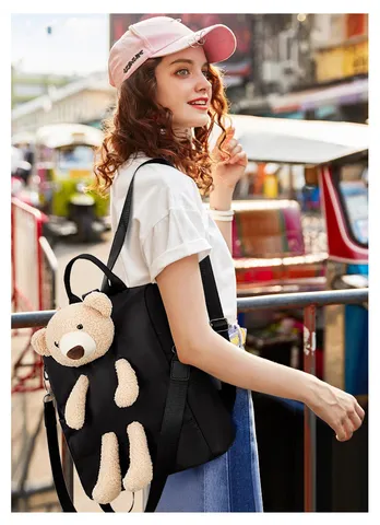 Women's Cute Teddy Bear Oxford Cloth Backpack Collegiate Style Waterproof Casual School Bag Color Block Travel Daypack