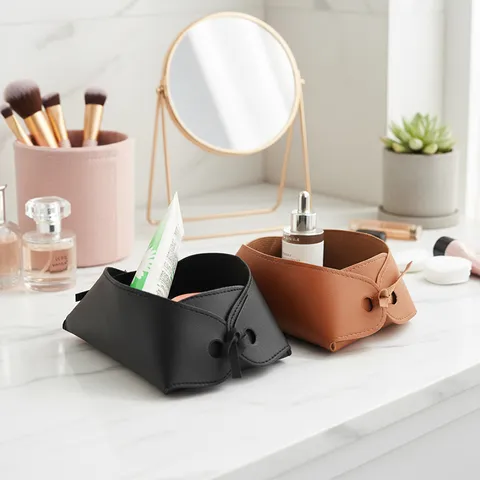 Caja de Almacenamiento Plegable de Cuero Moderno Minimalista Escritorio Vestíbulo Organizador de Artículos Llaves Cosméticos Bandeja