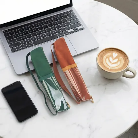 Estuche de Lápices de Cuero con Ventana Transparente Minimalista Bolsa de Papelería para Estudiantes Multiusos Bolsa de Almacenamiento Cosmético